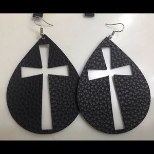 Black Teardrop Cross Earrings